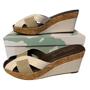 Donald J. Pliner White and Tan Cork Crossband Wedge Sandals